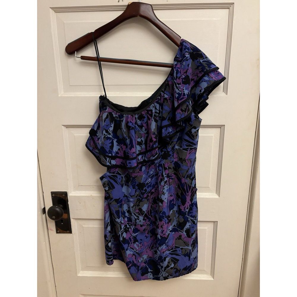 Yumi Kim Black & Purple One Shoulder 100% Silk Mini Dress W/ Flounce Hem Sz XS